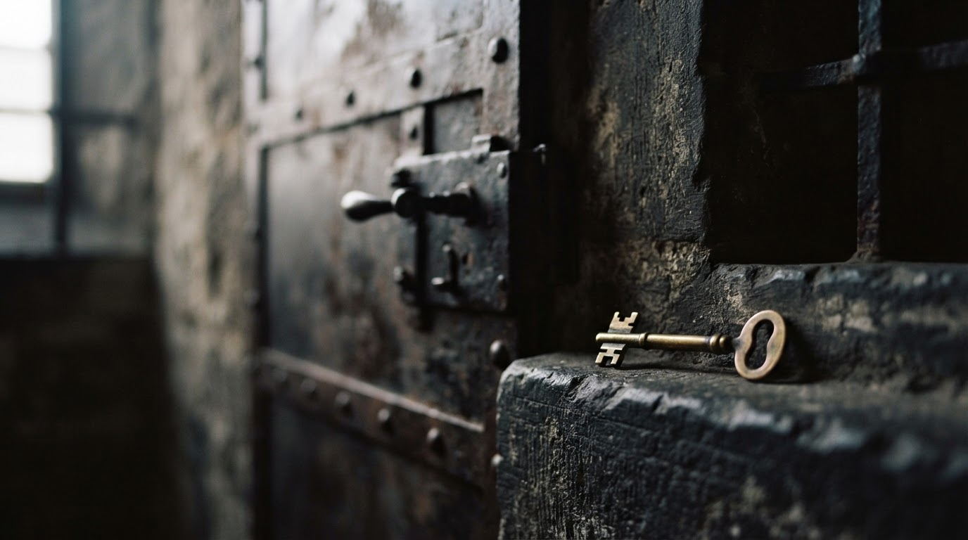 Single brass key beside a locked steel door