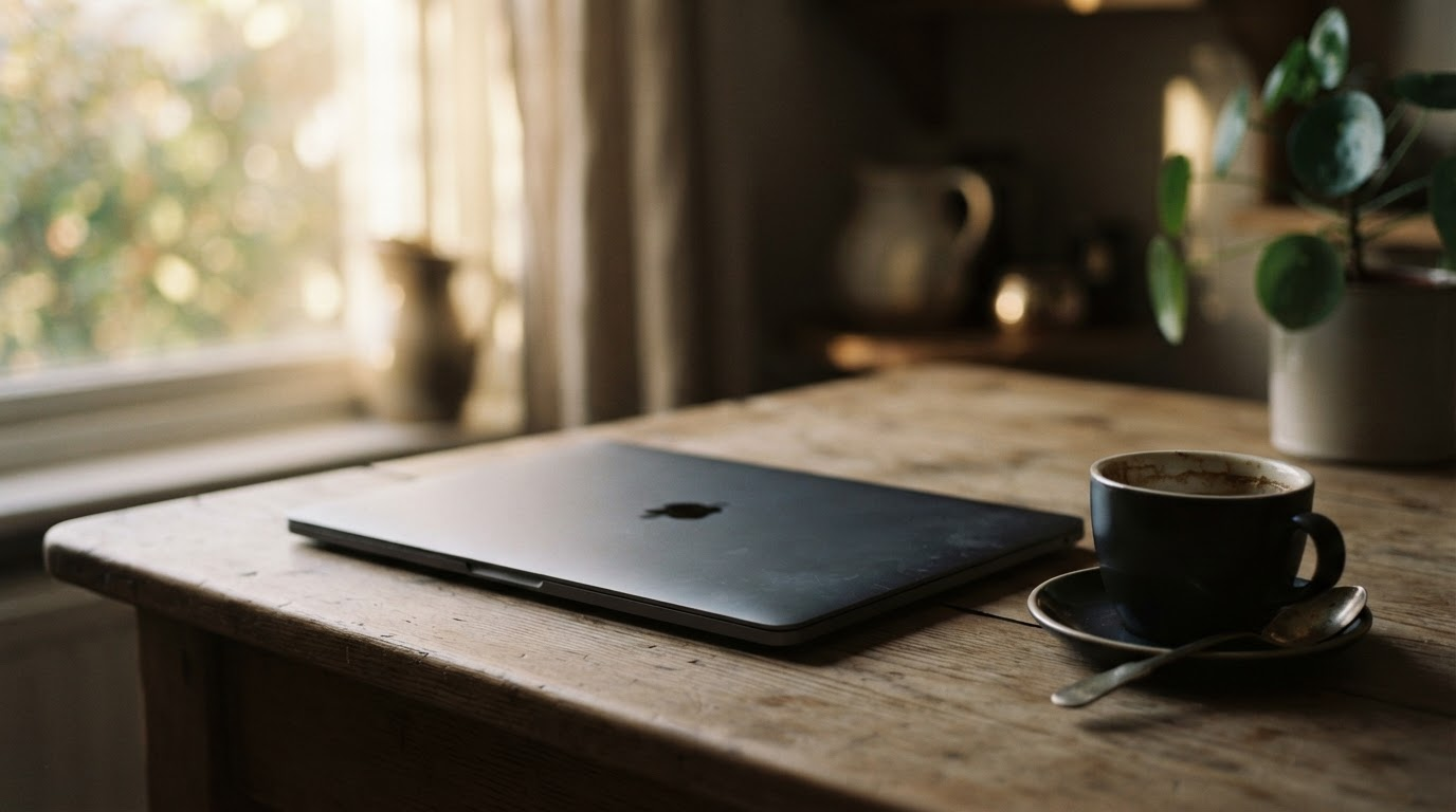 Laptop closed on a wooden desk in morning light