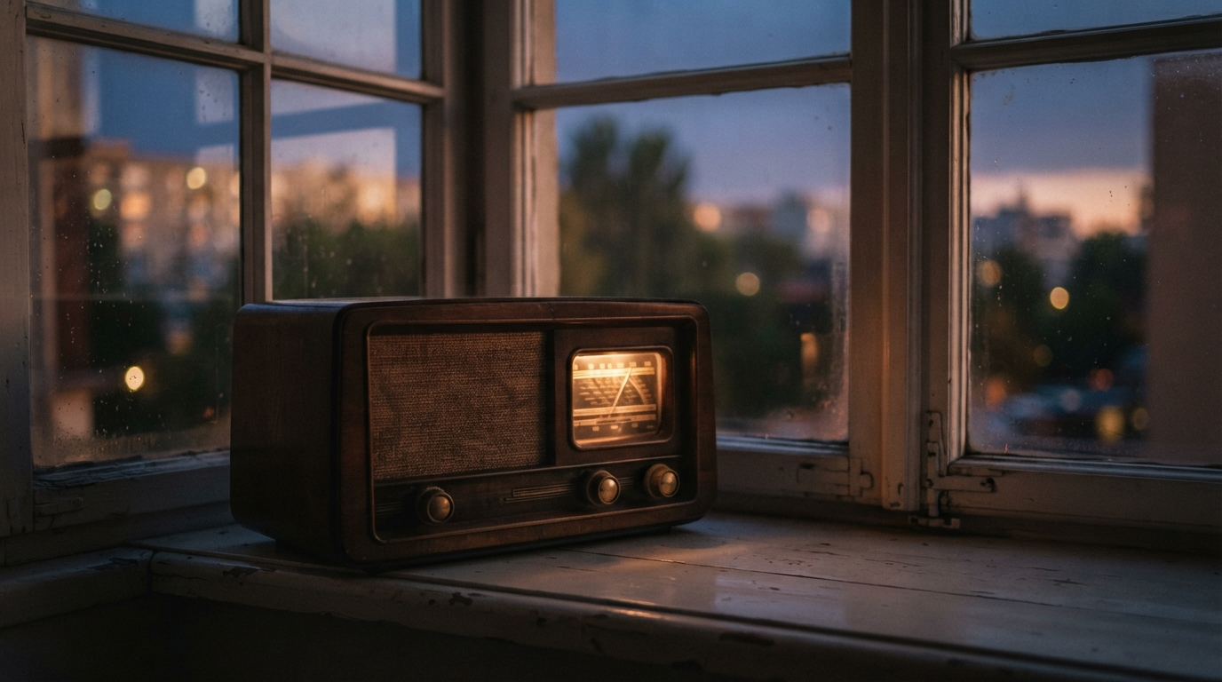 Vintage radio dial glowing in a dim workshop