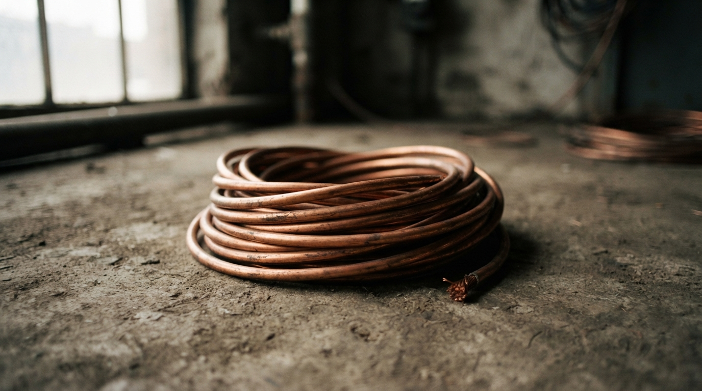 A coiled copper cable on a bare concrete floor