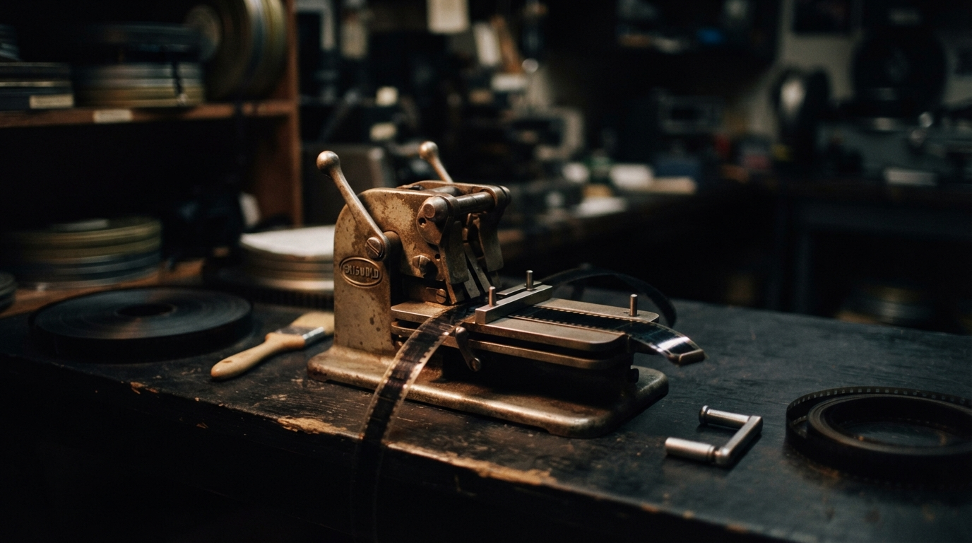 Reel of film unspooled across a desk in low light
