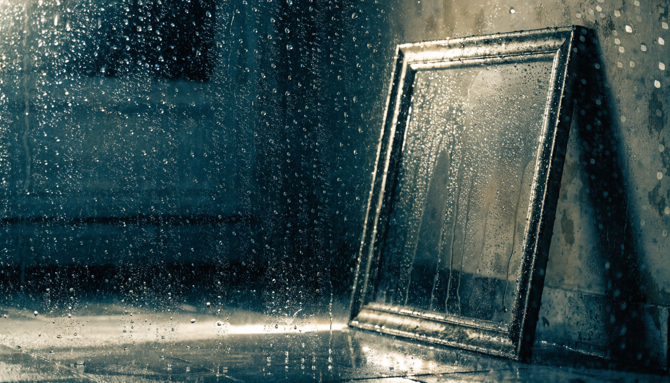 Single photo frame leaning against a painted studio wall