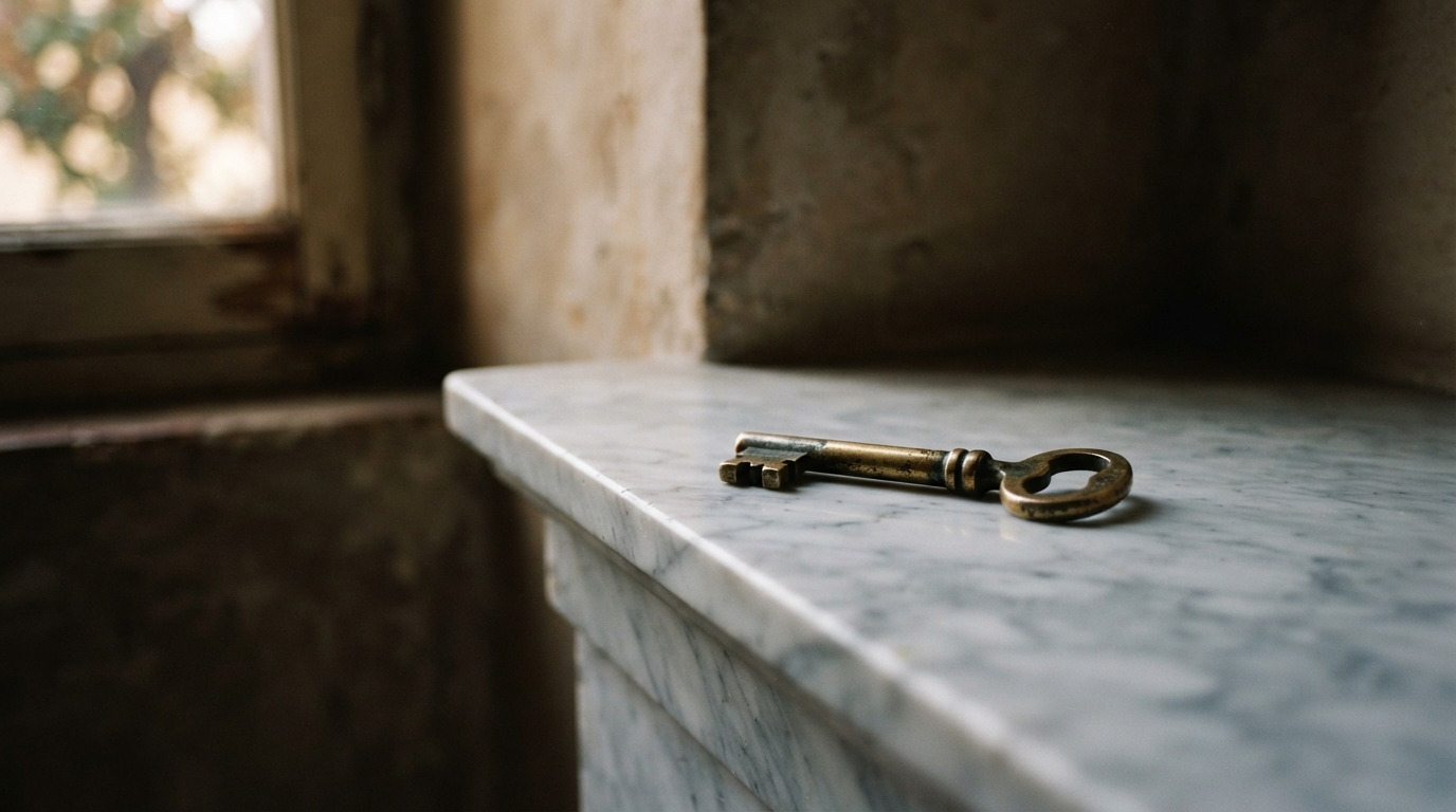 A brass key resting on a marble ledge in warm directional light