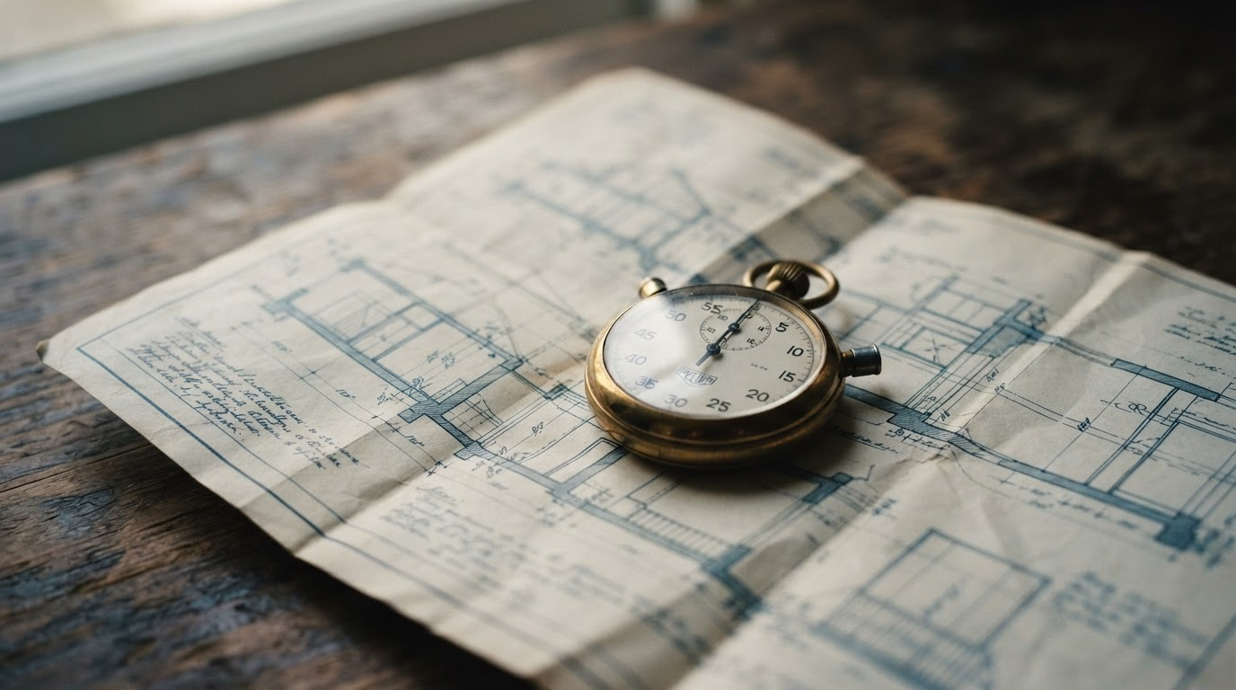 A brass stopwatch on a folded blueprint