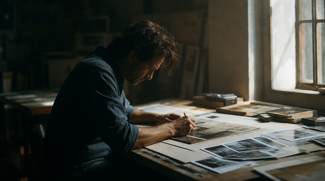 Artist's drafting table under window light with scattered photographs