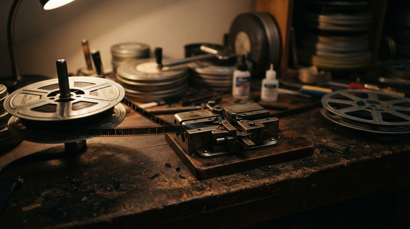 A film splicer and reels on a wooden editing bench