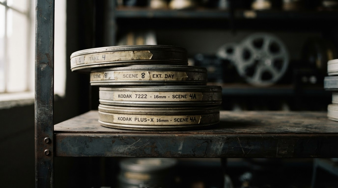 Stack of labeled film canisters on a steel shelf