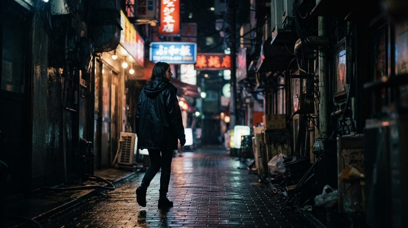 Rain-slick alley at night with a single neon sign