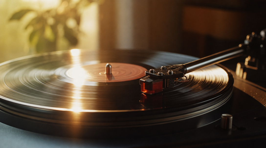 Vinyl record spinning on a turntable
