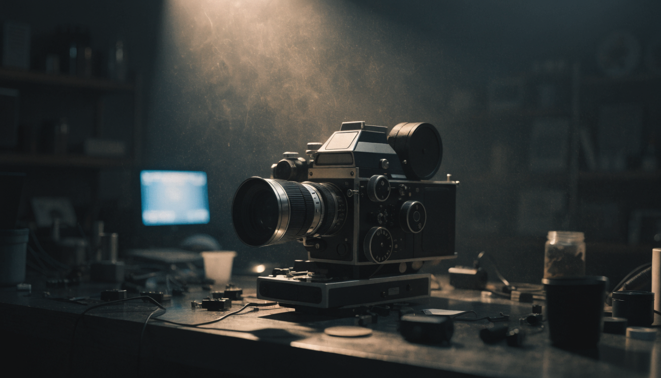 Smartphone mounted on a tripod in a dim studio
