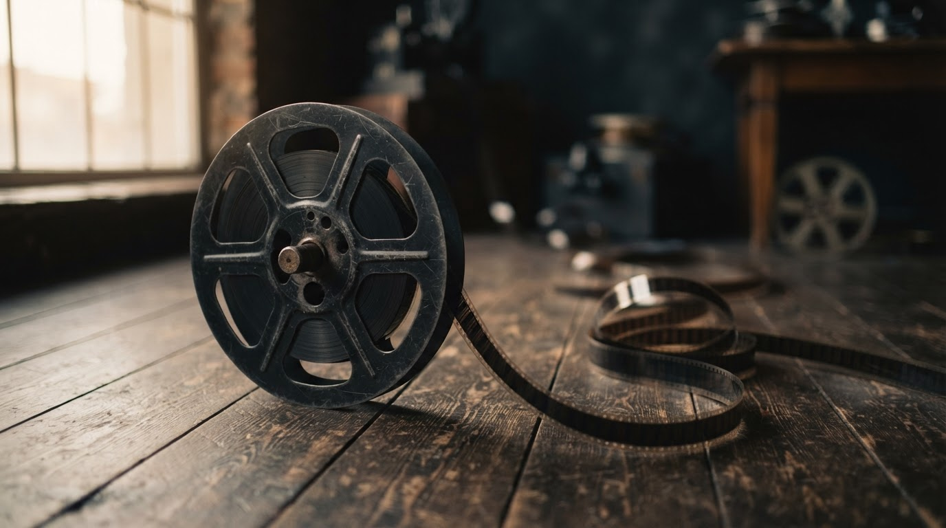 Old film reel unspooling across a dark wooden floor