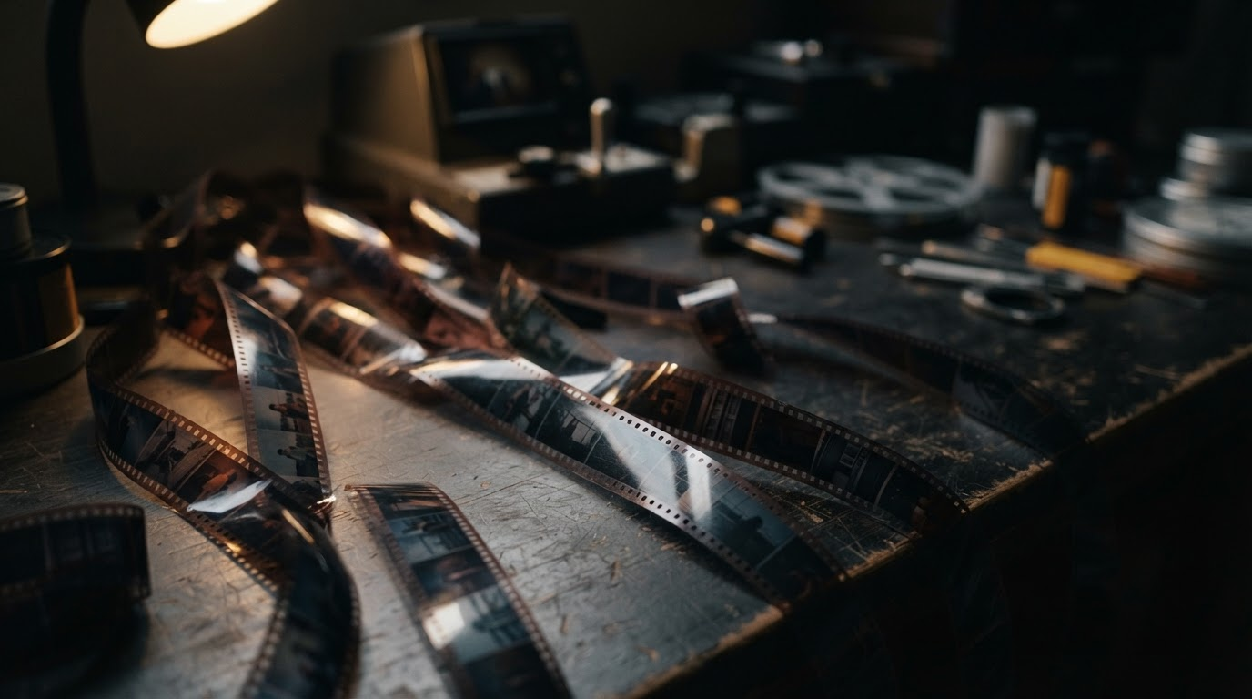 Strips of 35mm film laid across a dark editing bench under a work lamp