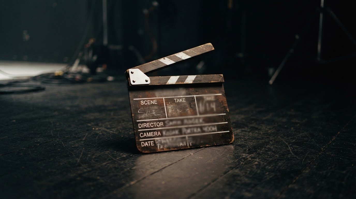 Reel of 35mm film unspooling across a table in low light