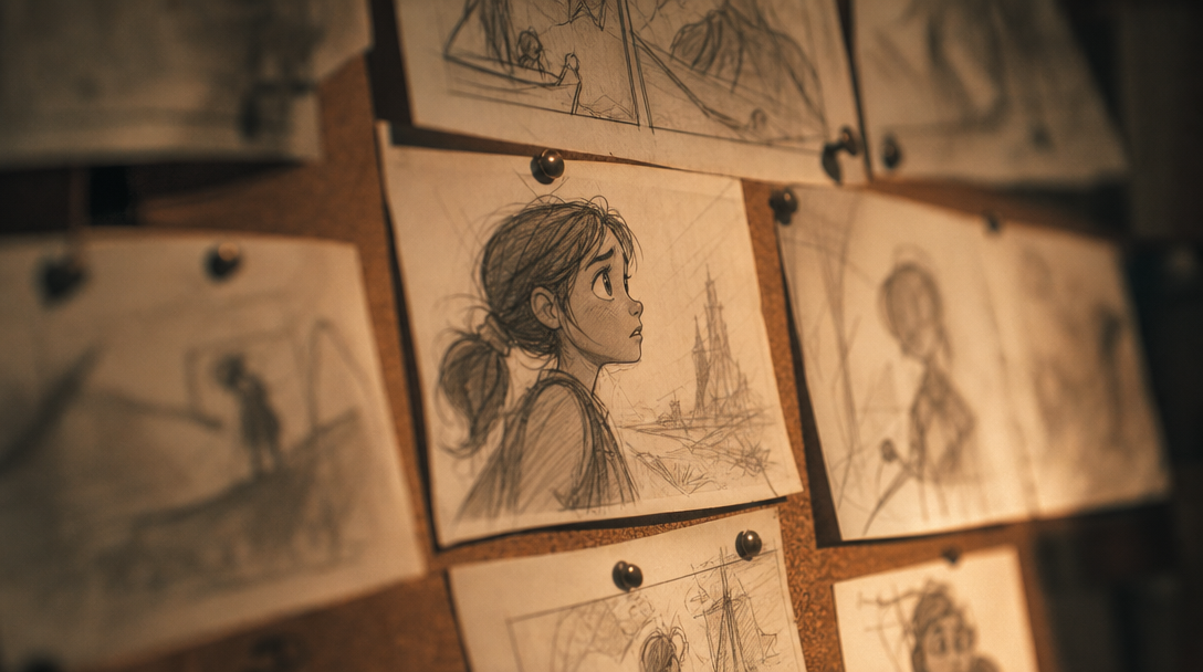 Storyboard sketches pinned to a corkboard