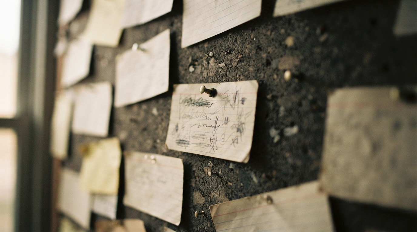 Index cards pinned to a corkboard under a single lamp