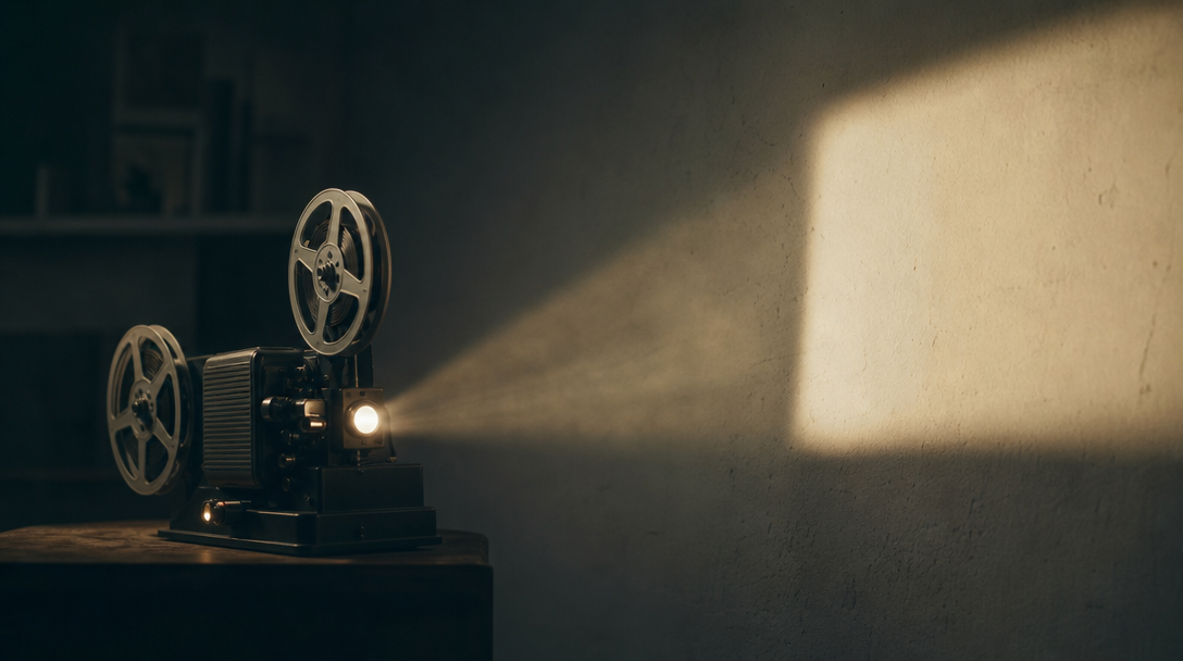 Film projector casting light in a dark room