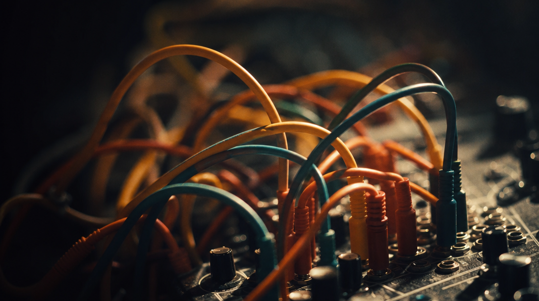 Tangled patch cables on an analog synthesizer