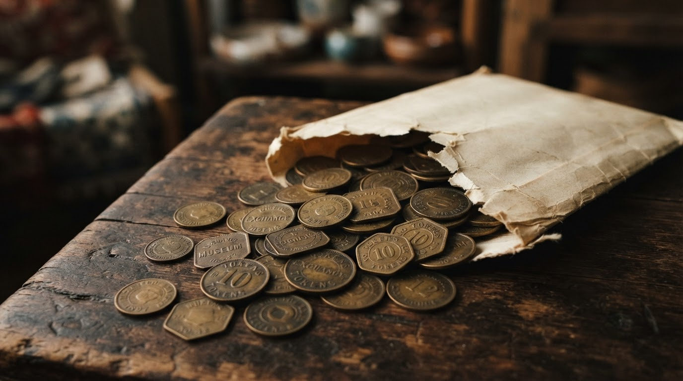 Brass tokens spilling from a torn paper envelope on a worn table