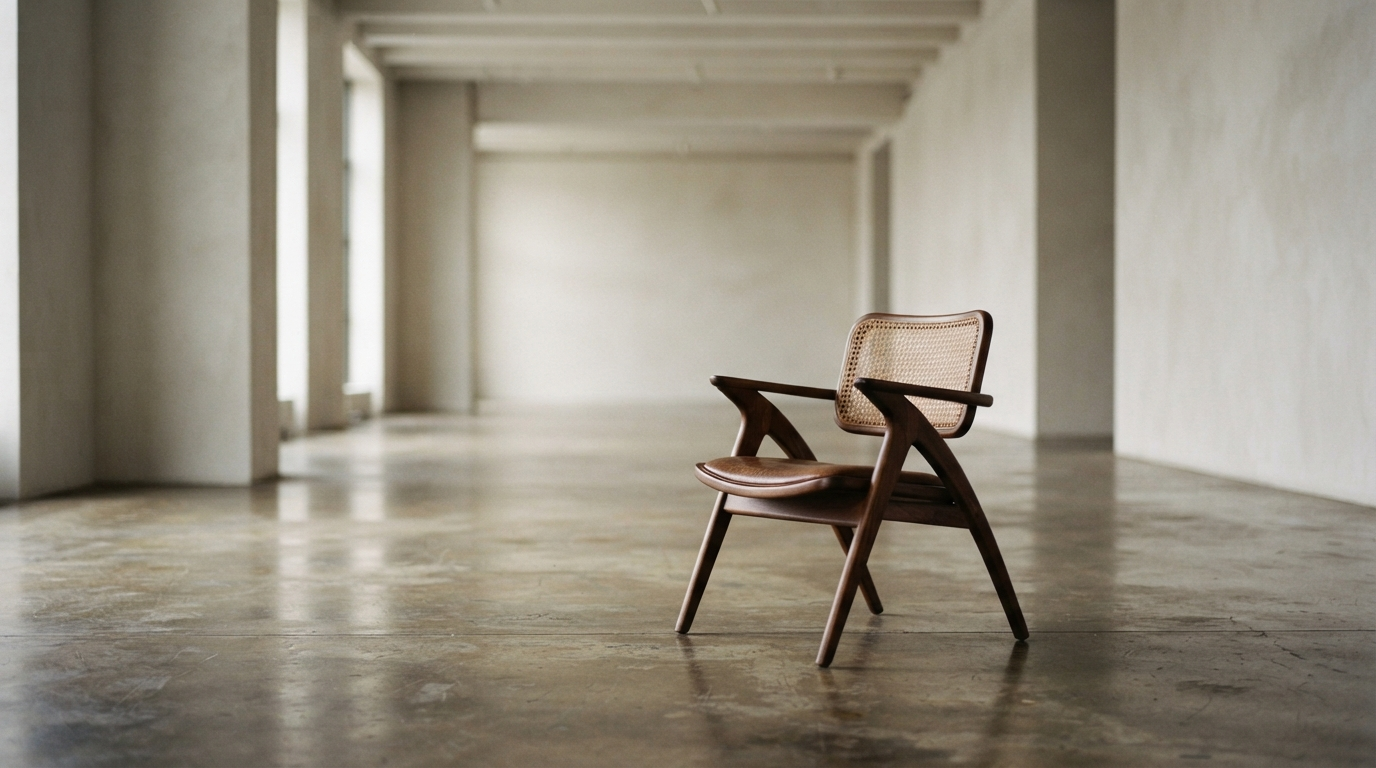 Editorial photograph of a single ceramic cup on a linen surface in directional window light