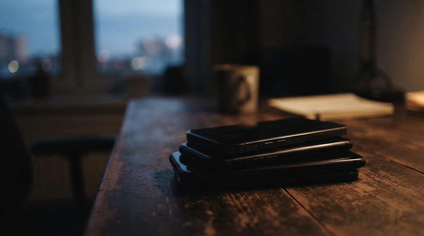 A stack of smartphones on a desk at dusk