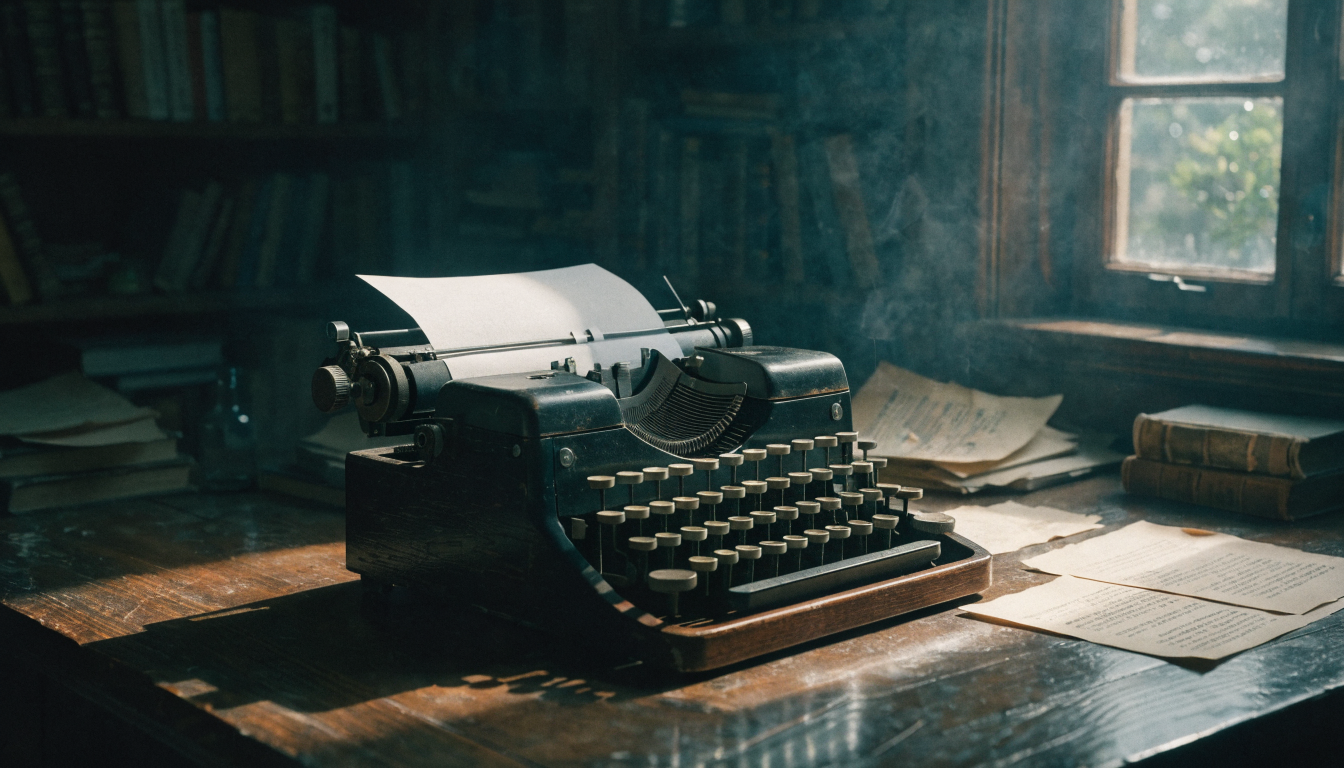 An analog film camera resting on a wooden surface with warm directional light