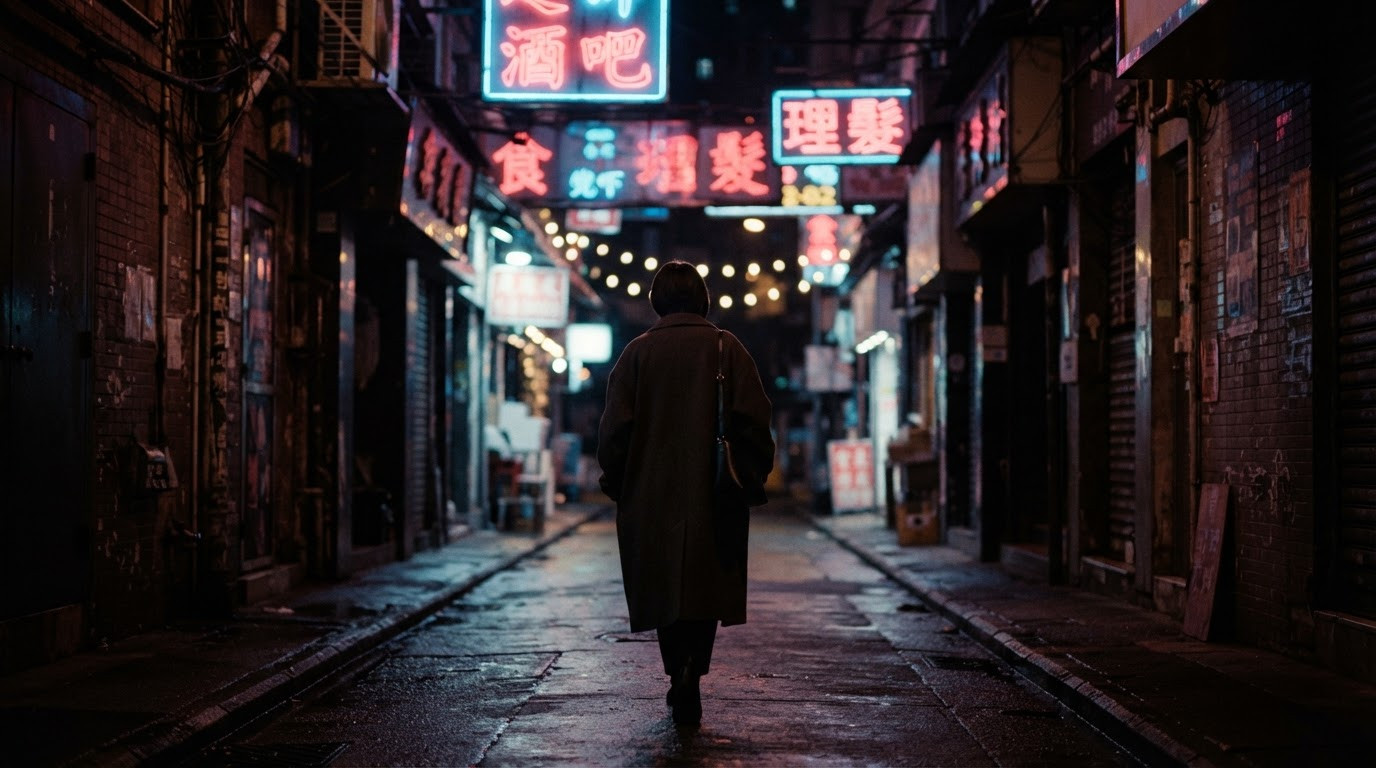Figure walking through a neon-lit alley at night