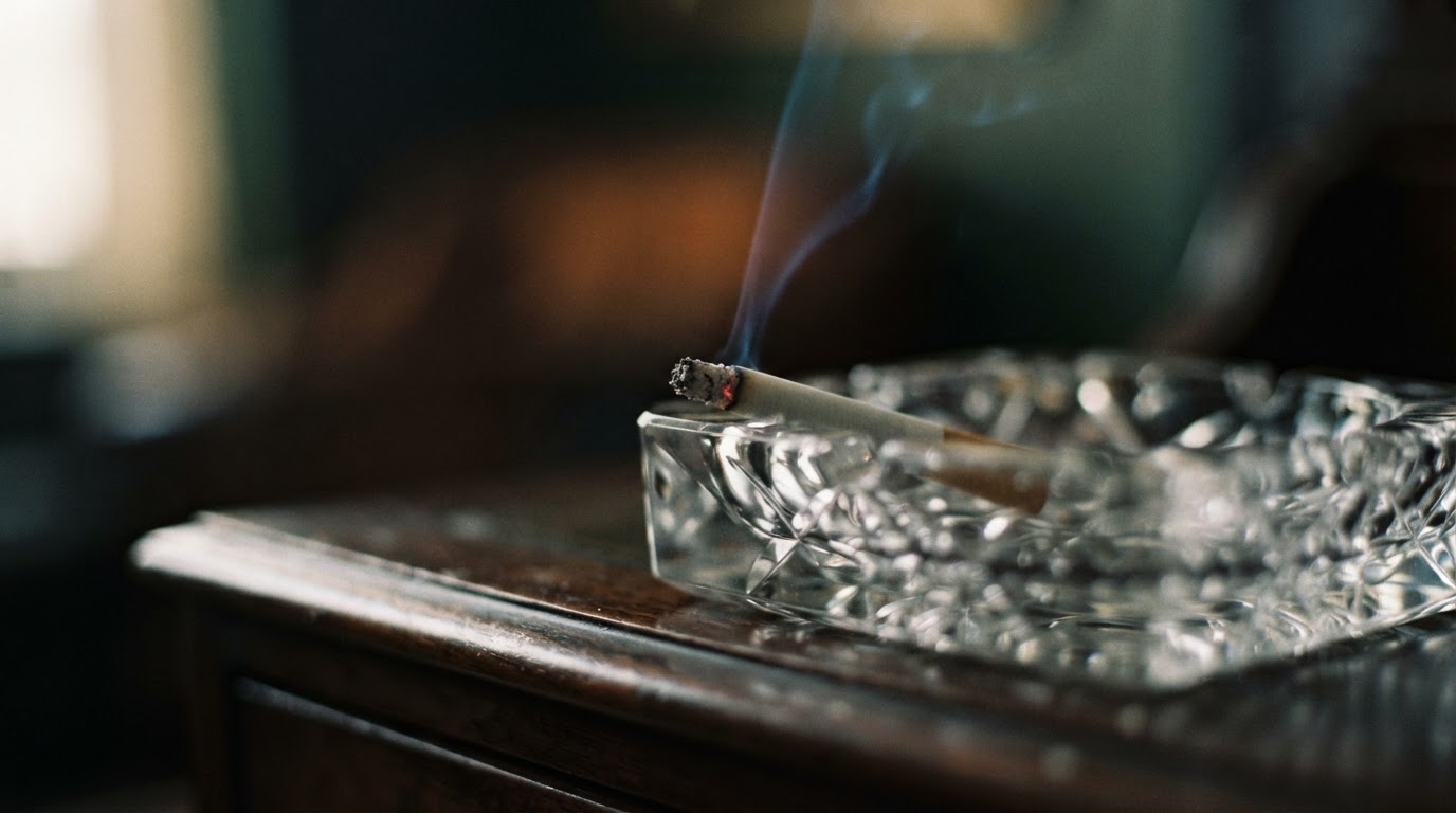 Editorial still life of a single ledger under warm directional lighting