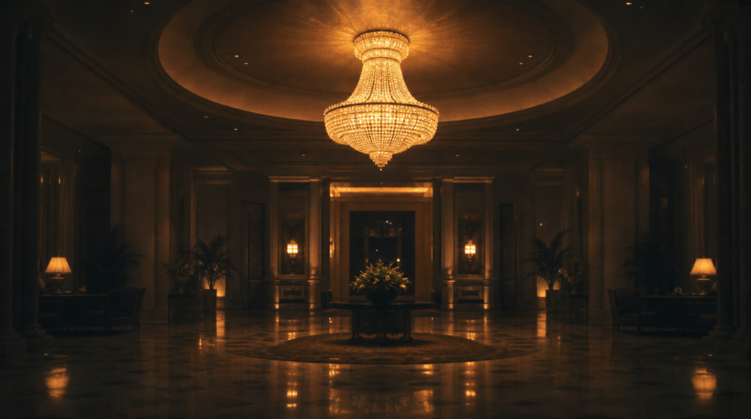 Grand hall lit by a single chandelier