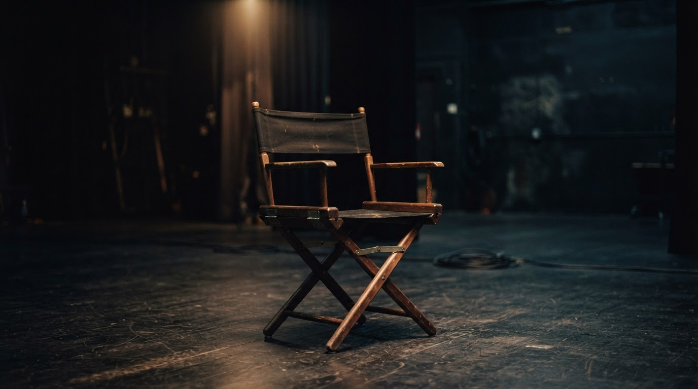 Empty director's folding chair on a dark sound stage