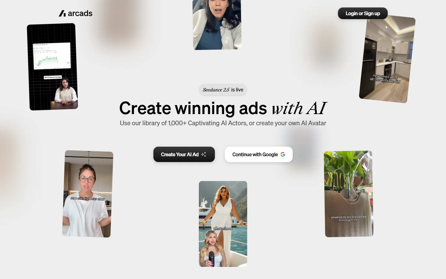 Arcads homepage showing AI actor ad creation