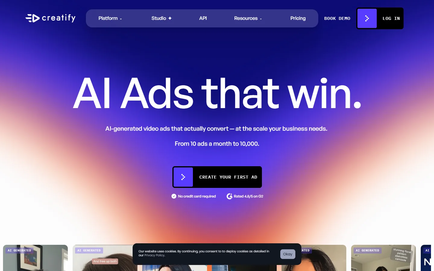 Creatify homepage showing URL-to-video ad generation