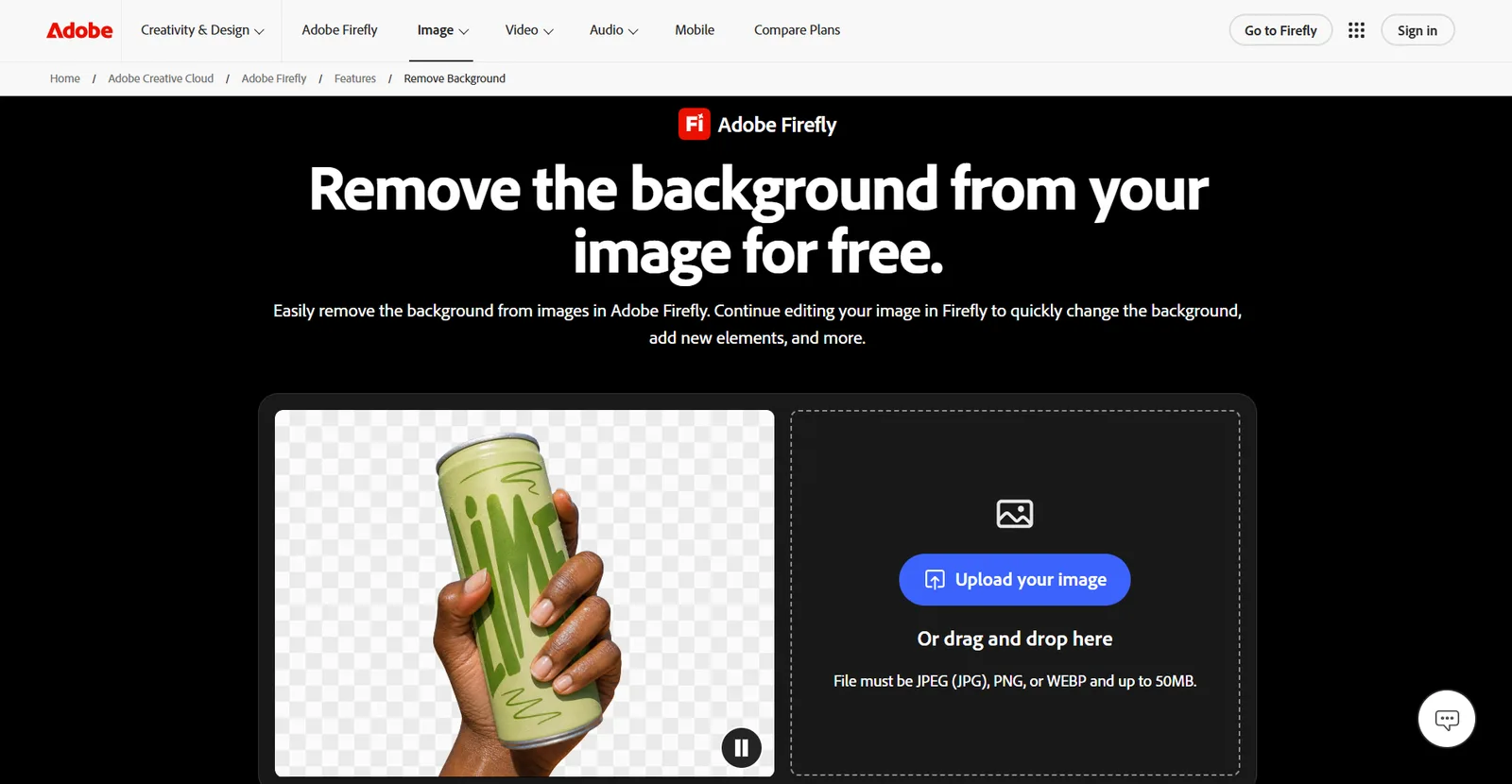 Adobe Firefly background remover page