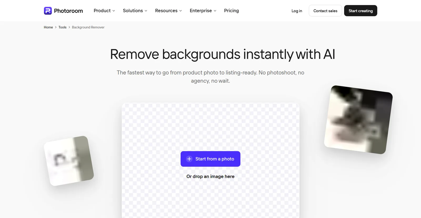 Photoroom background remover page
