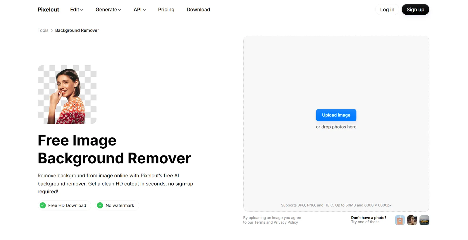 Pixelcut background remover page