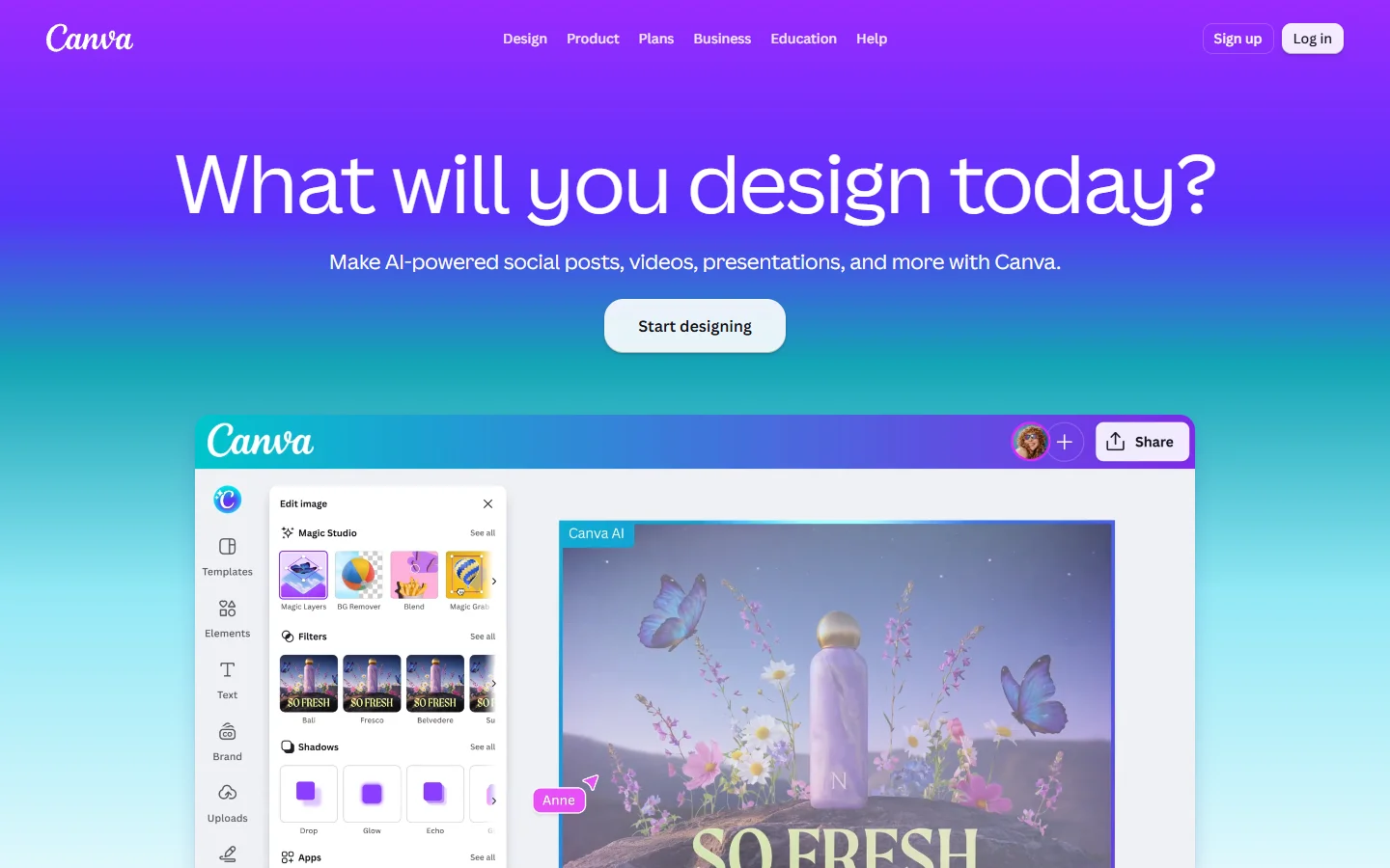 Screenshot of the Canva homepage