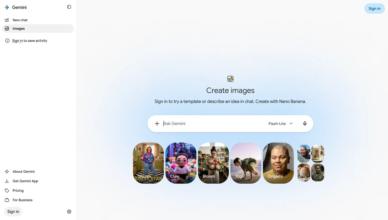 Google Gemini create images page