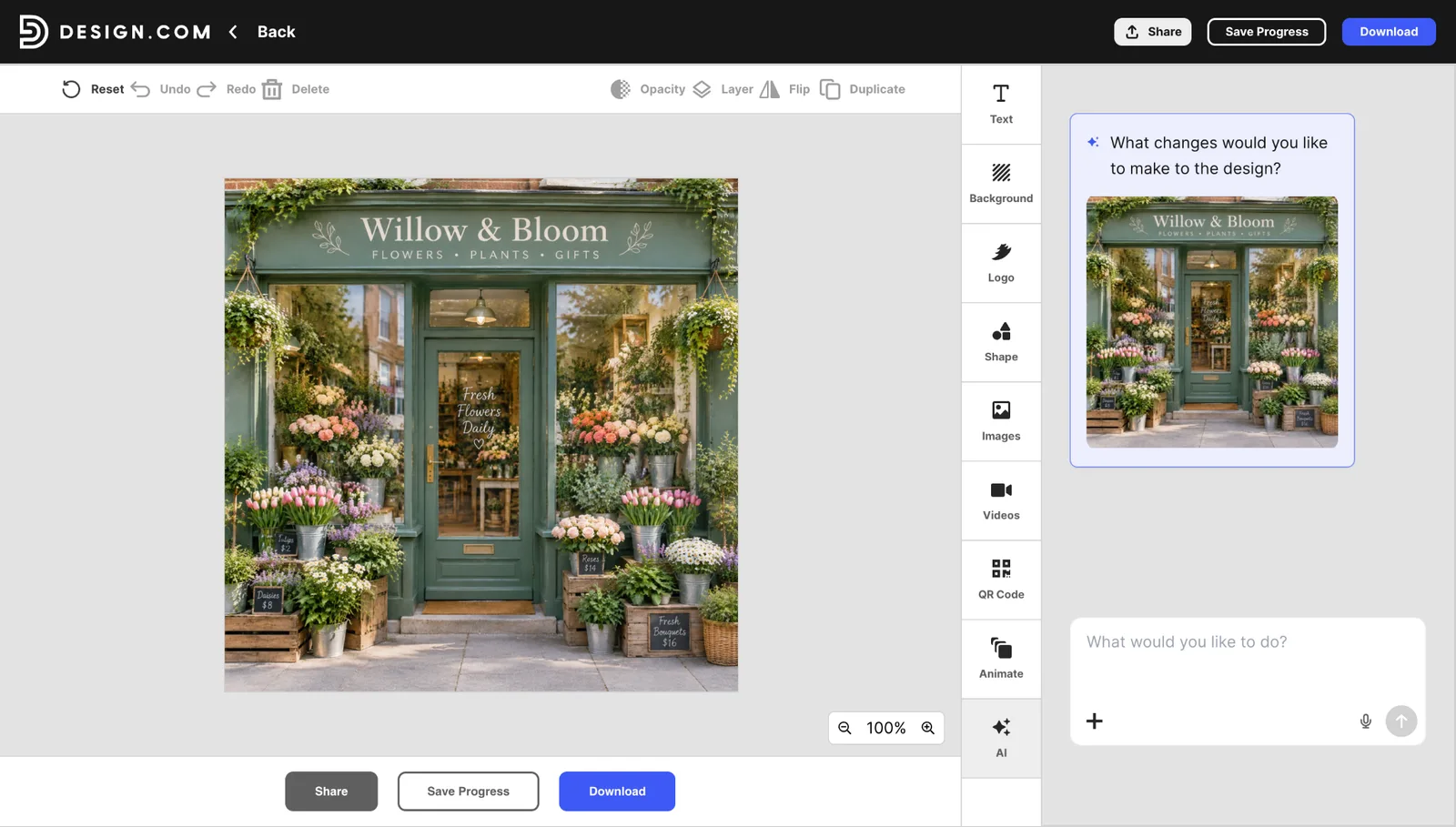 Design.com result for the short flower shop prompt, open in the editor
