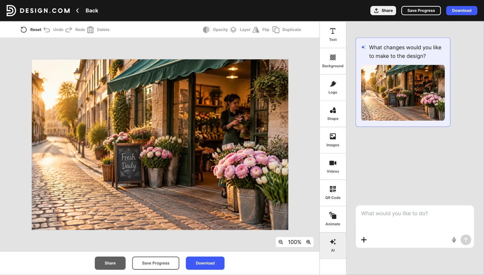 Design.com result for the specific flower shop prompt, open in the editor
