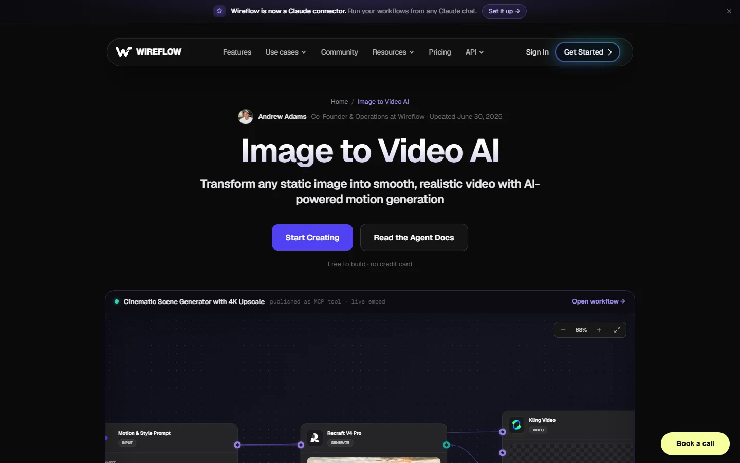 Node canvas connecting an image generation step to a video step