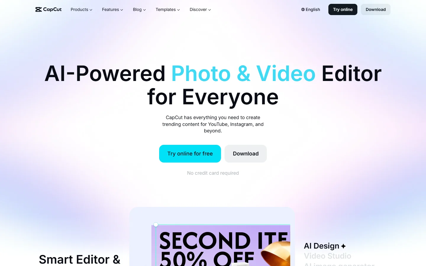 CapCut homepage showing video editing tools