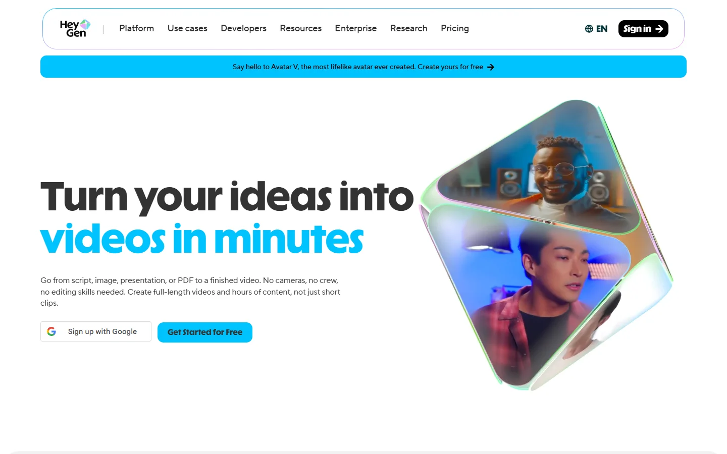 HeyGen homepage showing AI avatar video creation