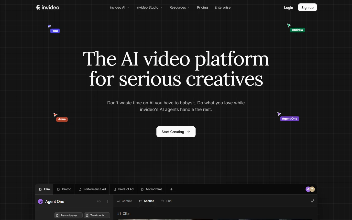 InVideo AI homepage showing video creation from text