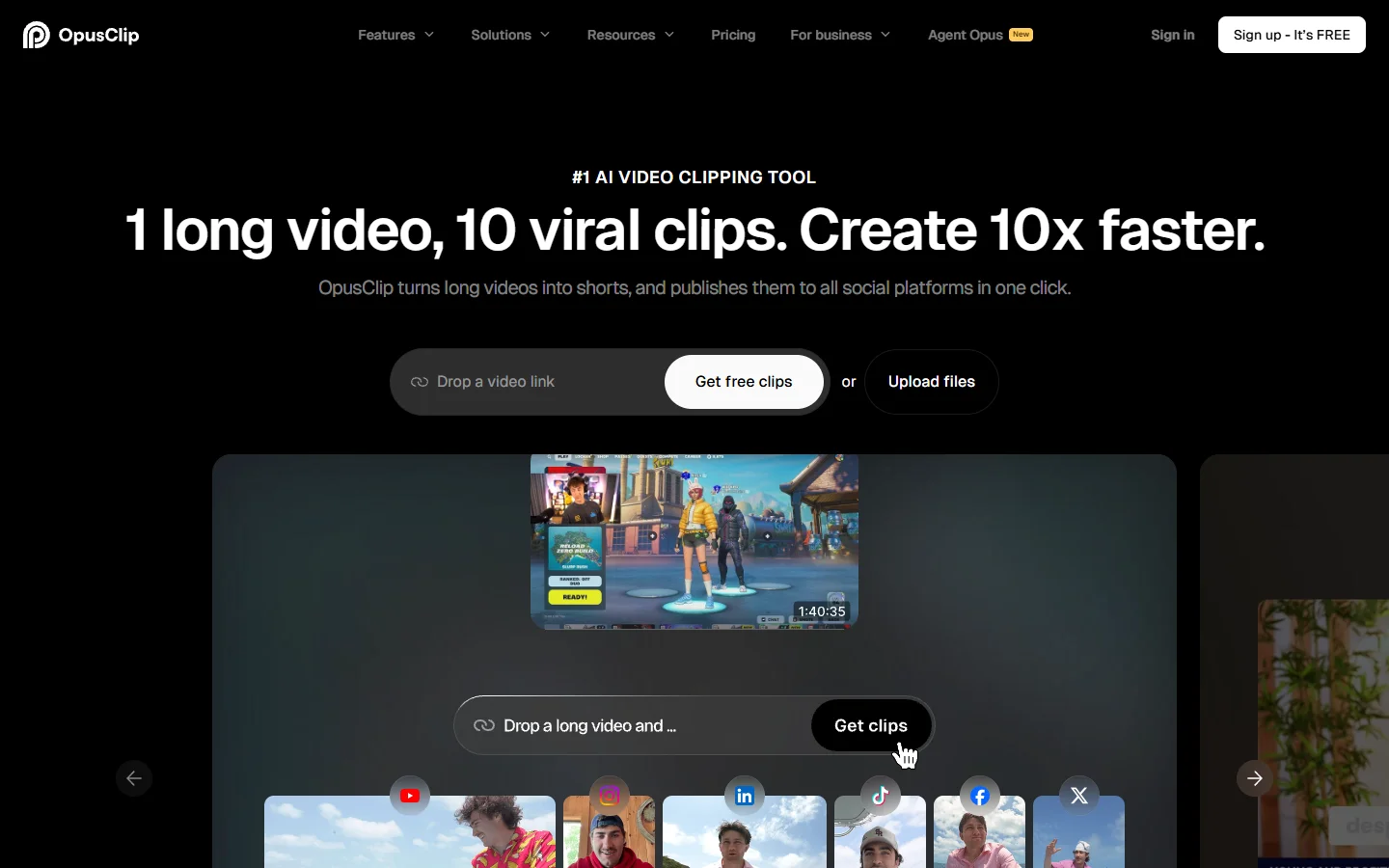 OpusClip homepage showing content repurposing features
