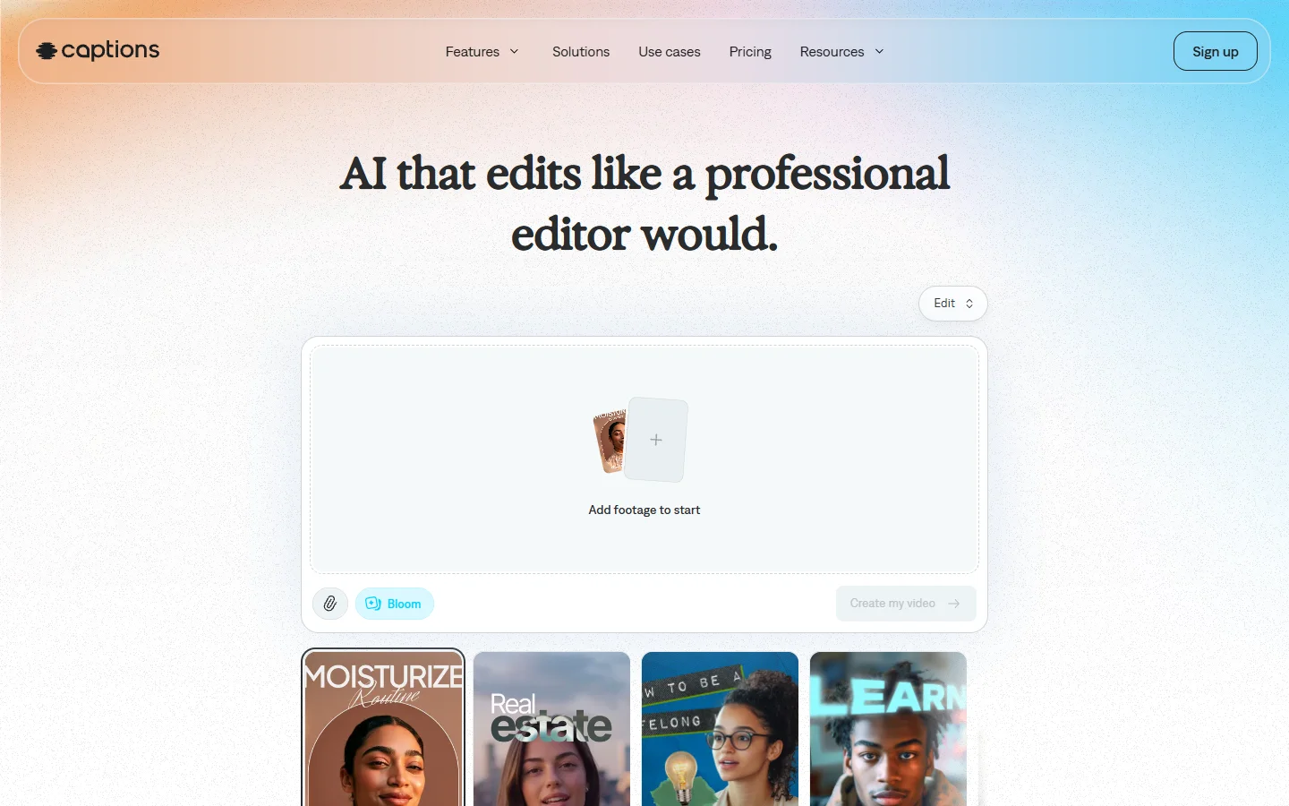 Captions app homepage