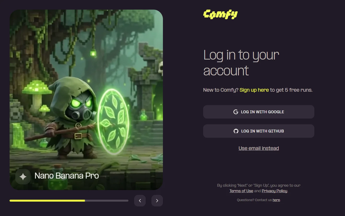 Comfy Cloud login screen offering Google and GitHub sign-in with five free runs