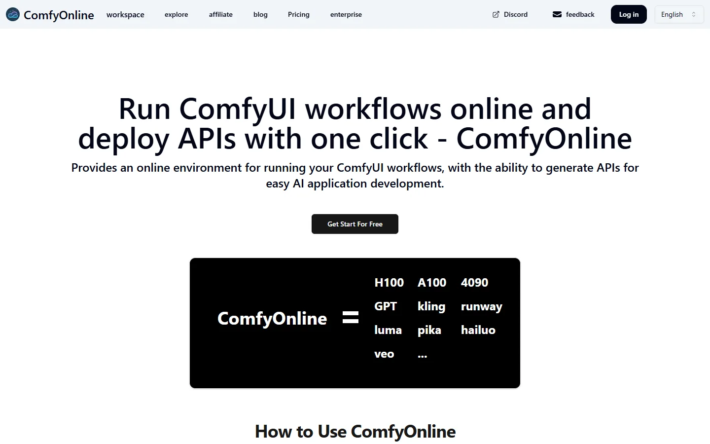 ComfyOnline homepage describing one-click API deployment from a ComfyUI workflow