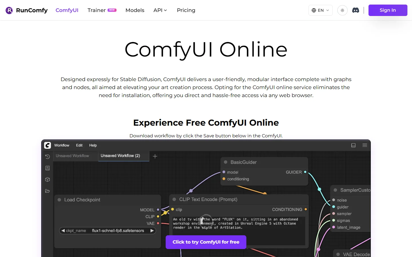 RunComfy ComfyUI Online page showing a live node graph in the browser
