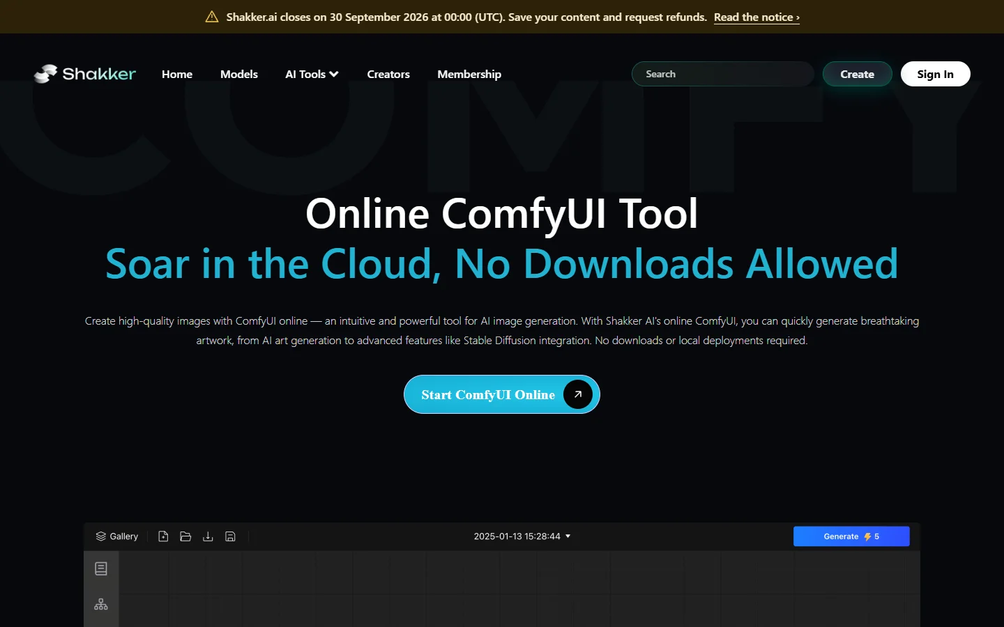 Shakker online ComfyUI page showing a shutdown notice dated 30 September 2026