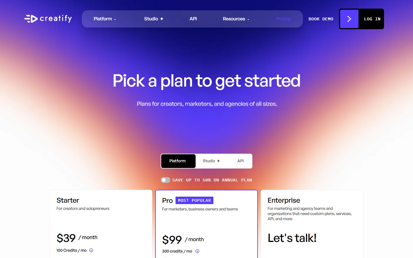 Creatify pricing page showing Starter, Pro and Enterprise tiers