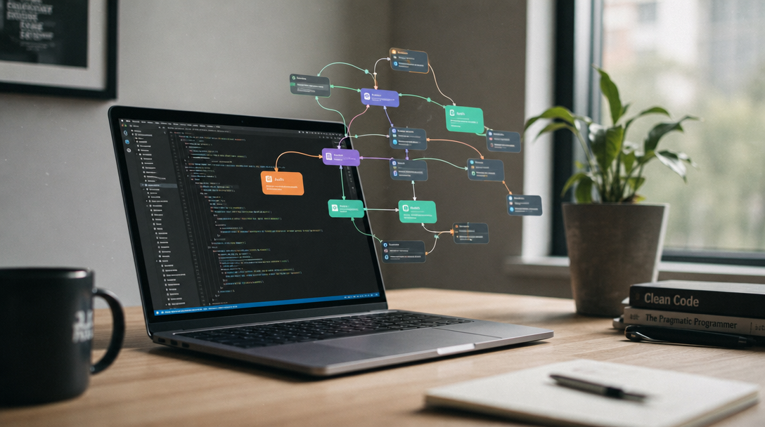 A laptop showing a node-based workflow editor with connected AI steps